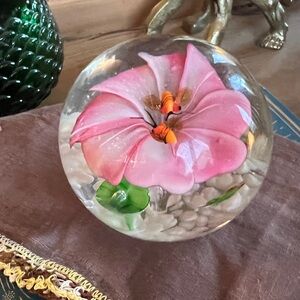 Vintage Pink Flower Bees Solid Glass Sphere Paperweight